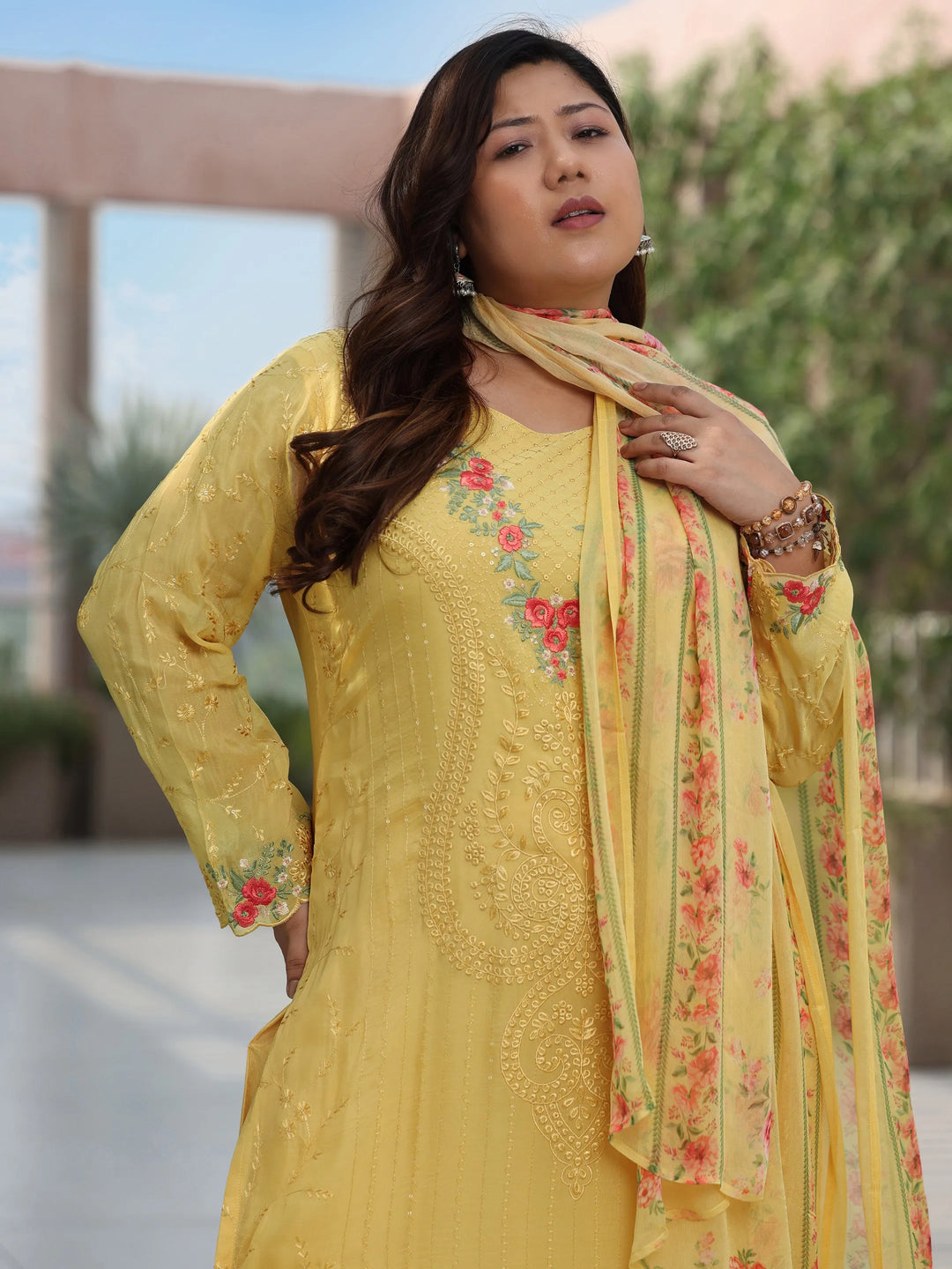 Plus Size Yellow Embroidered Organza Straight Suit With Dupatta