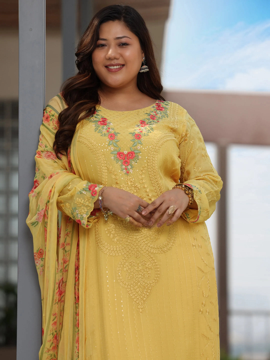  Plus Size Yellow Embroidered Organza Straight Suit With Dupatta 
