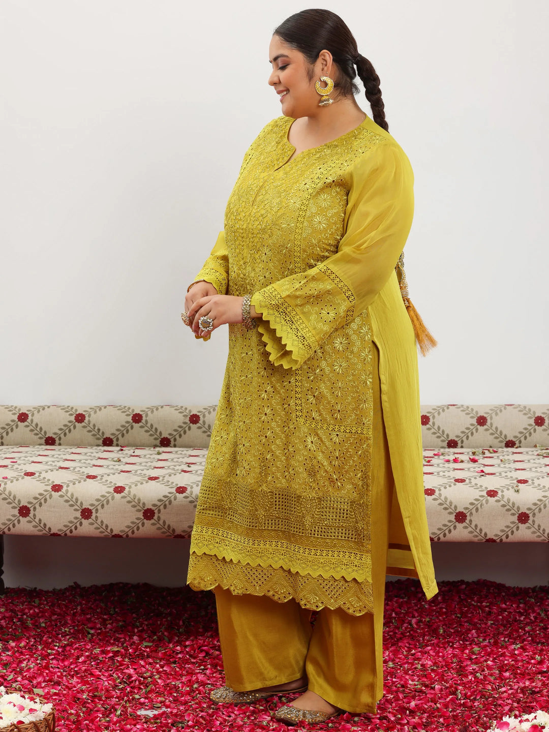  Plus Size Mustard Embroidered Organza Straight Suit With Dupatta 