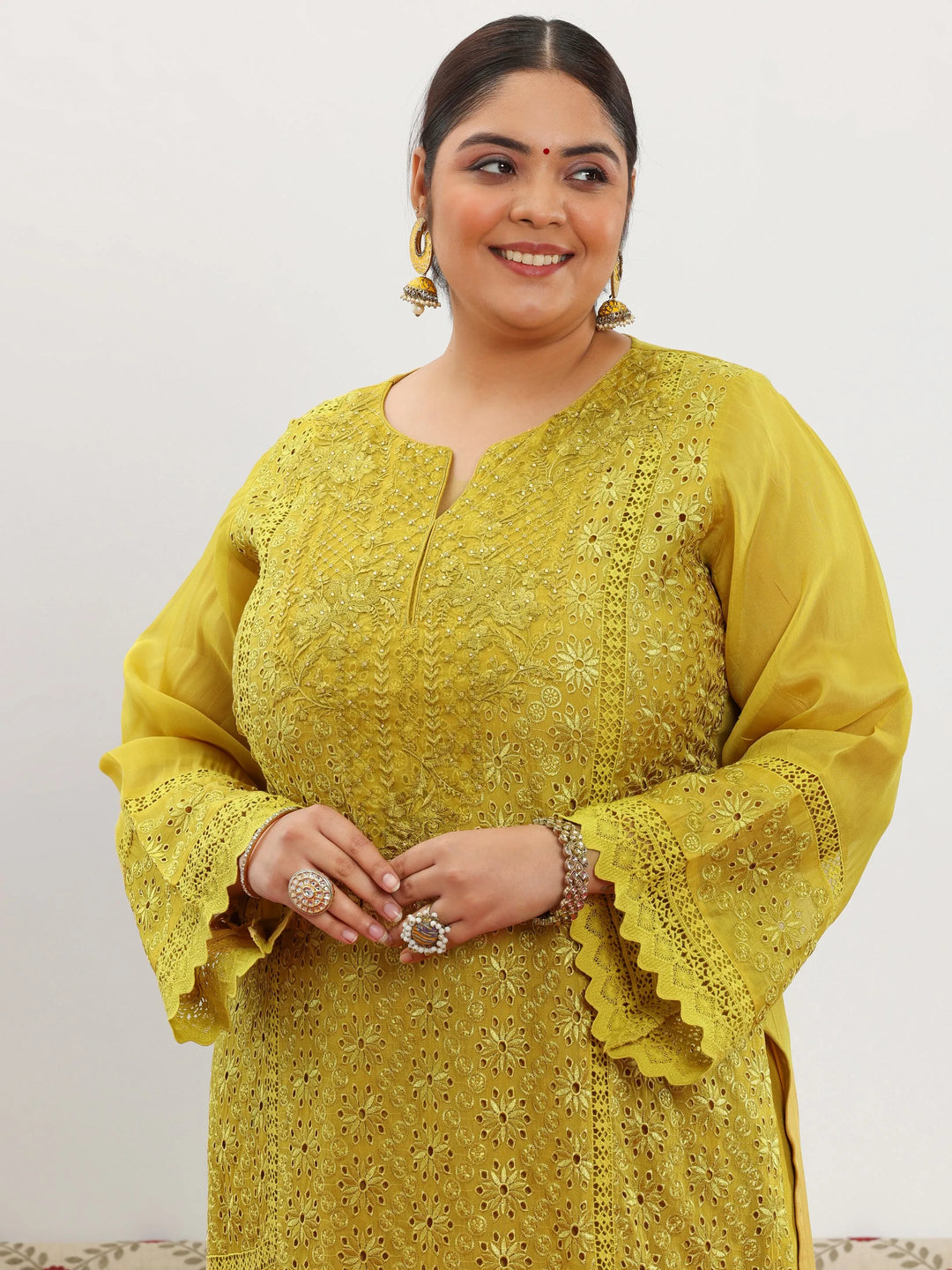  Plus Size Mustard Embroidered Organza Straight Suit With Dupatta 