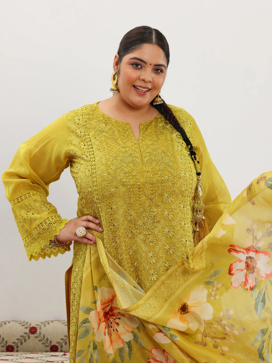  Plus Size Mustard Embroidered Organza Straight Suit With Dupatta 