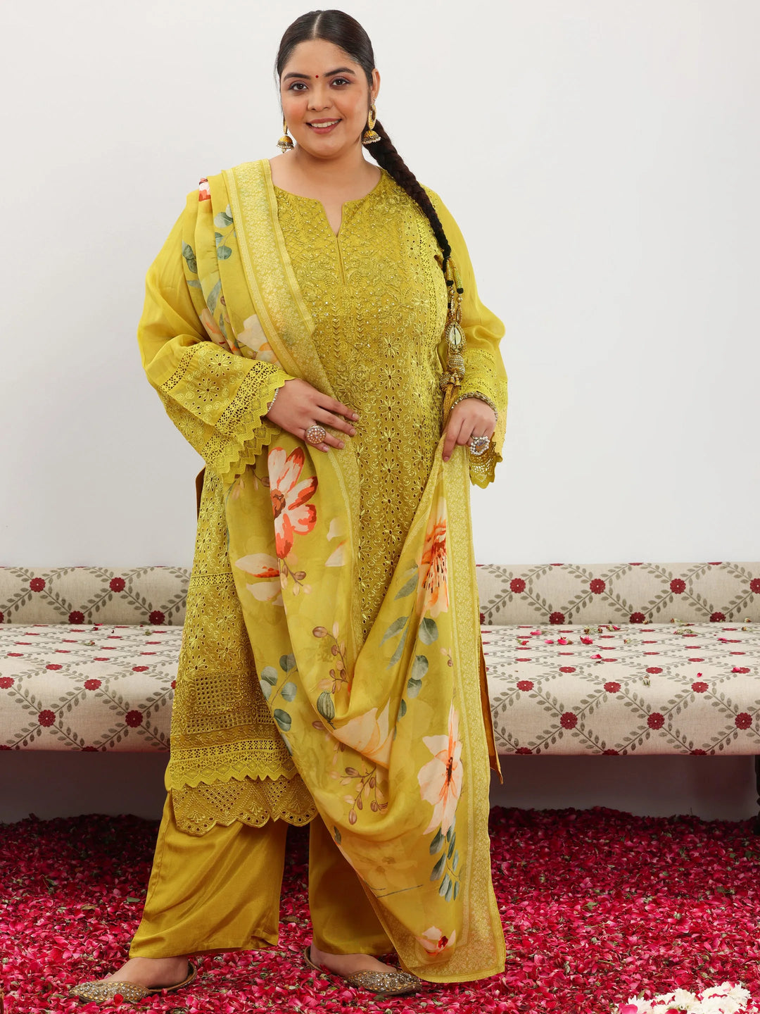  Plus Size Mustard Embroidered Organza Straight Suit With Dupatta 