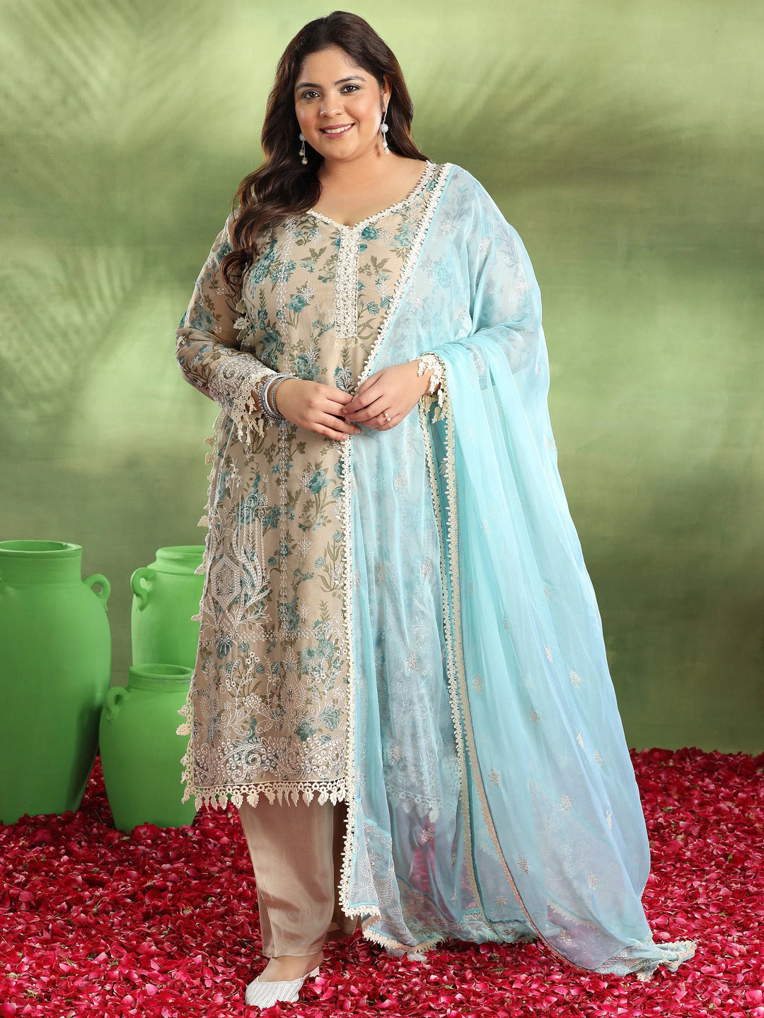  Plus Size Beige Printed Organza Straight Suit With Dupatta 
