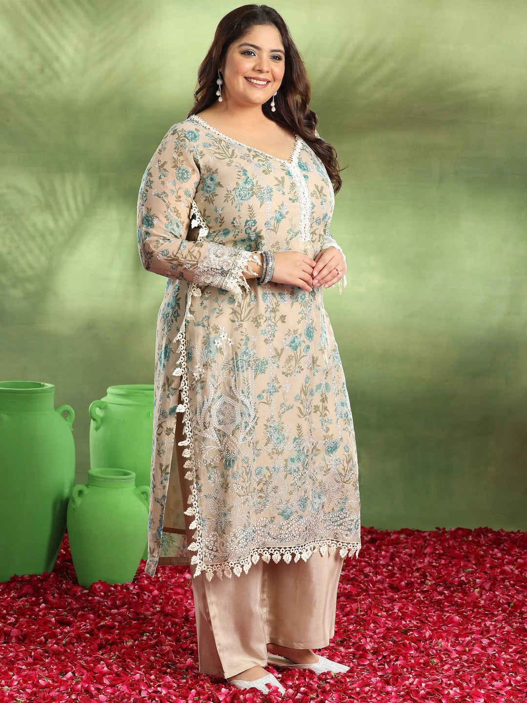  Plus Size Beige Printed Organza Straight Suit With Dupatta 