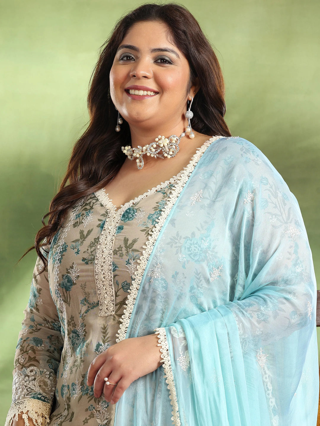  Plus Size Beige Printed Organza Straight Suit With Dupatta 