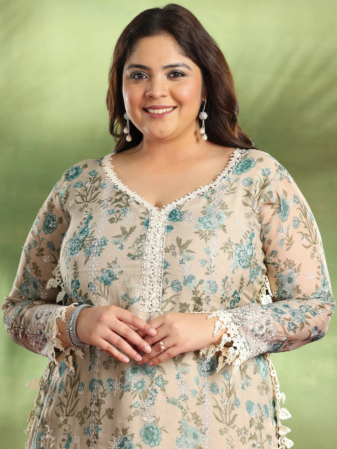  Plus Size Beige Printed Organza Straight Suit With Dupatta 