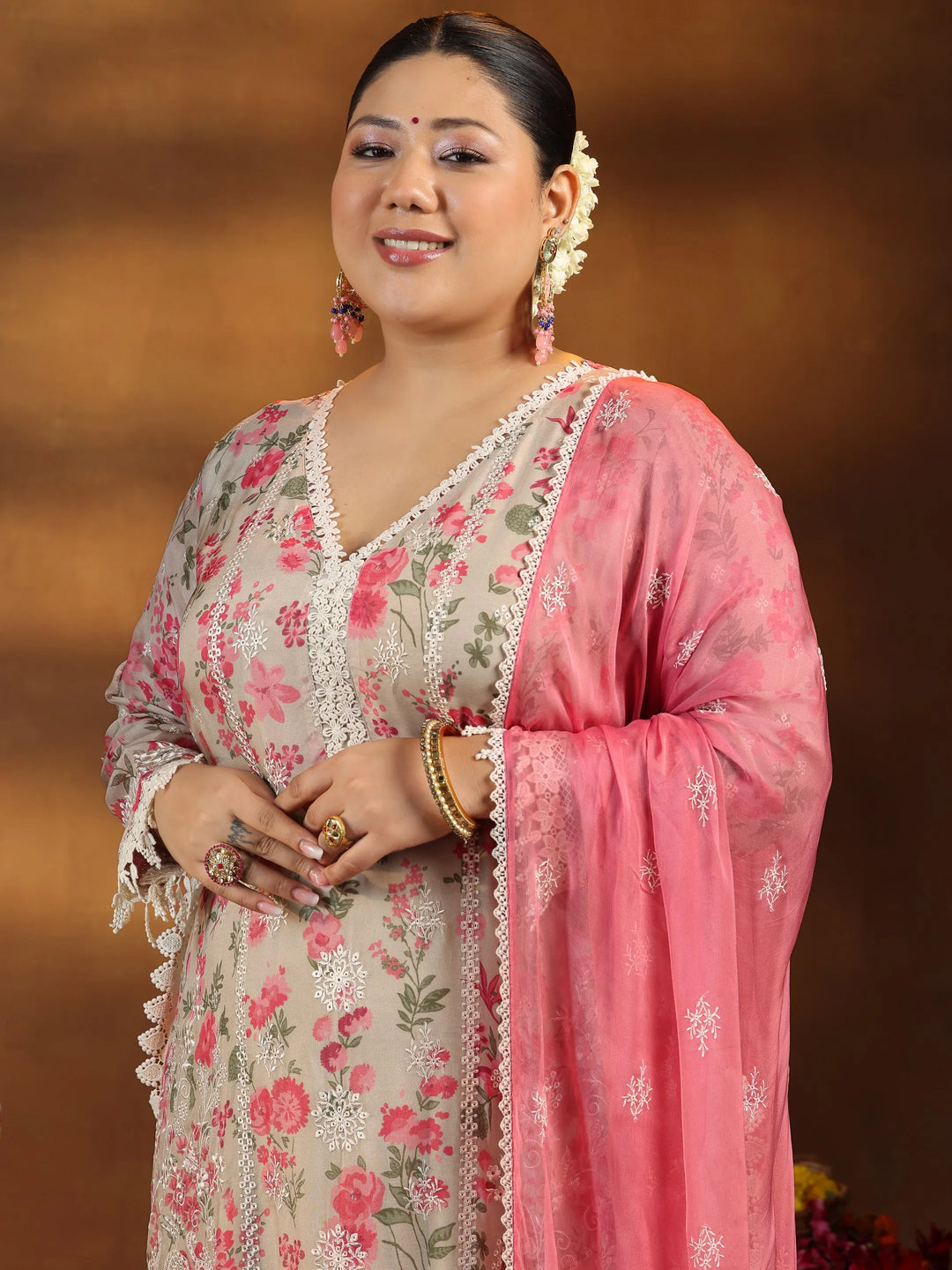  Plus Size Beige Printed Organza Straight Suit With Dupatta 