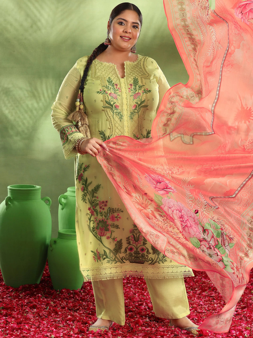  Plus Size Yellow Embroidered Organza Straight Suit With Dupatta 