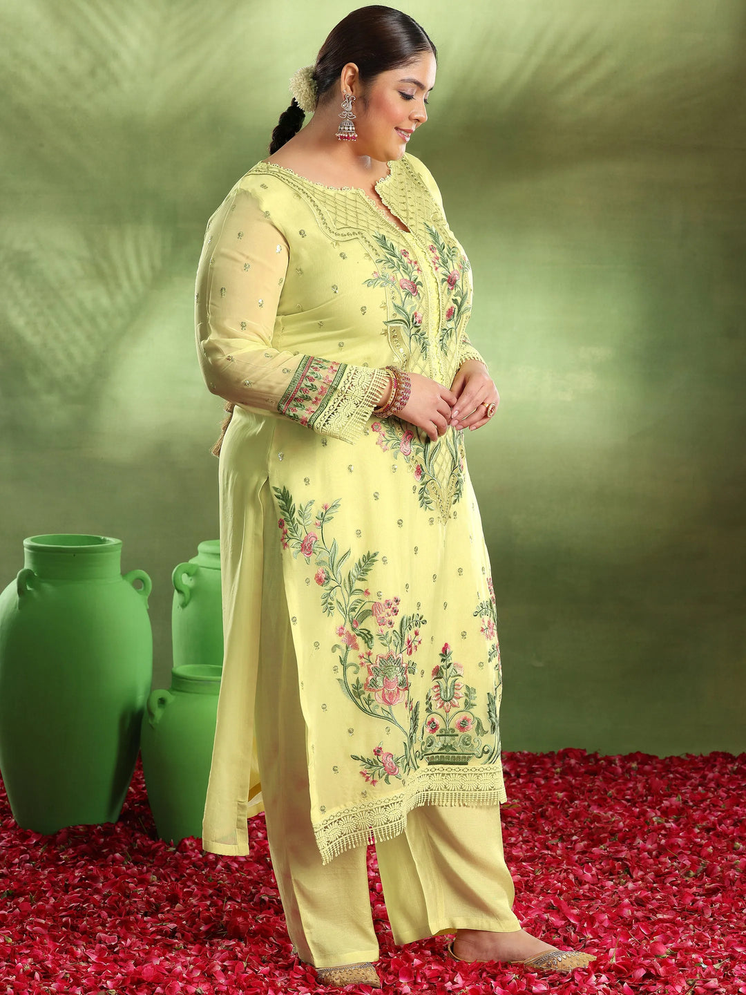  Plus Size Yellow Embroidered Organza Straight Suit With Dupatta 