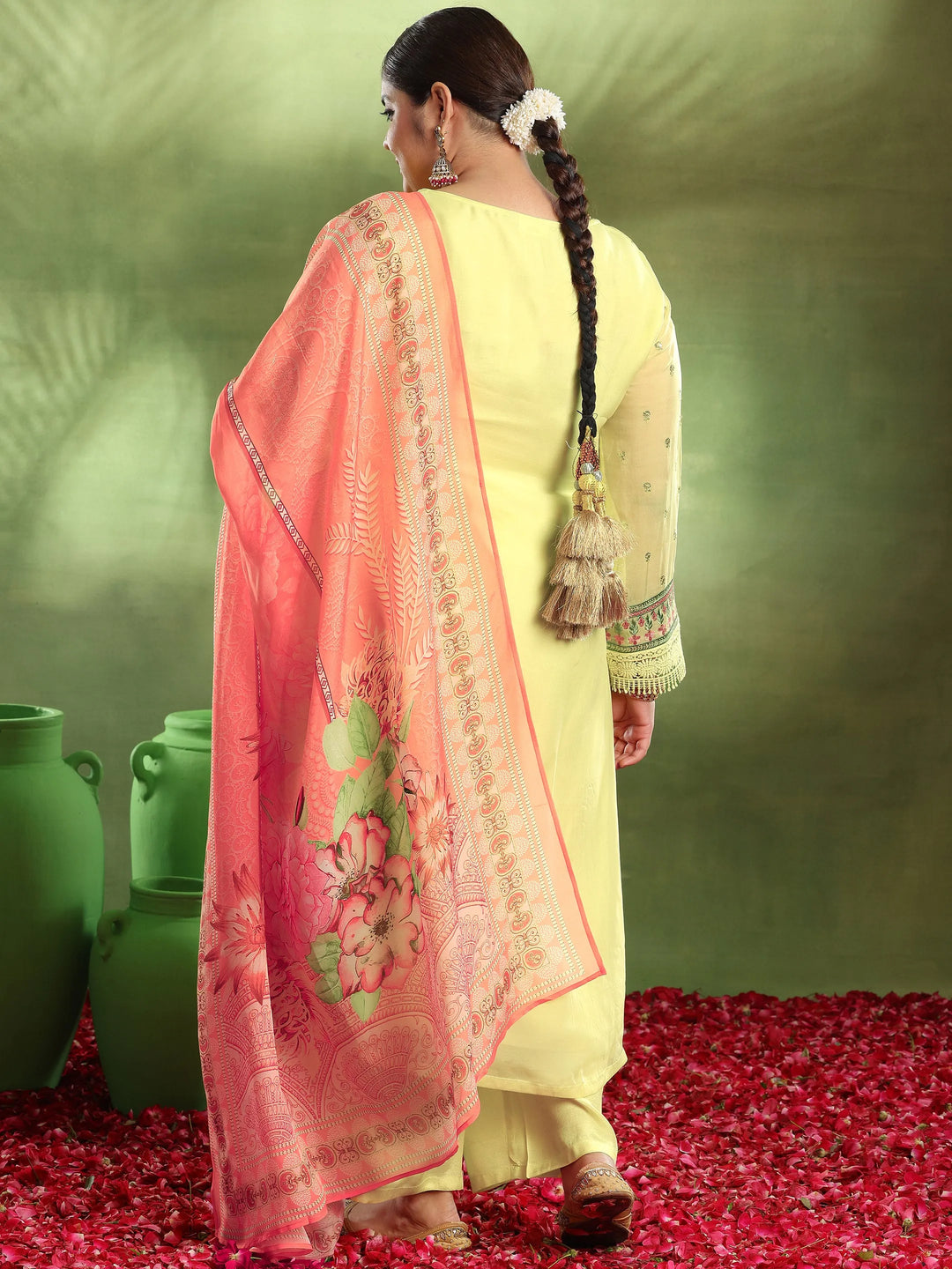  Plus Size Yellow Embroidered Organza Straight Suit With Dupatta 
