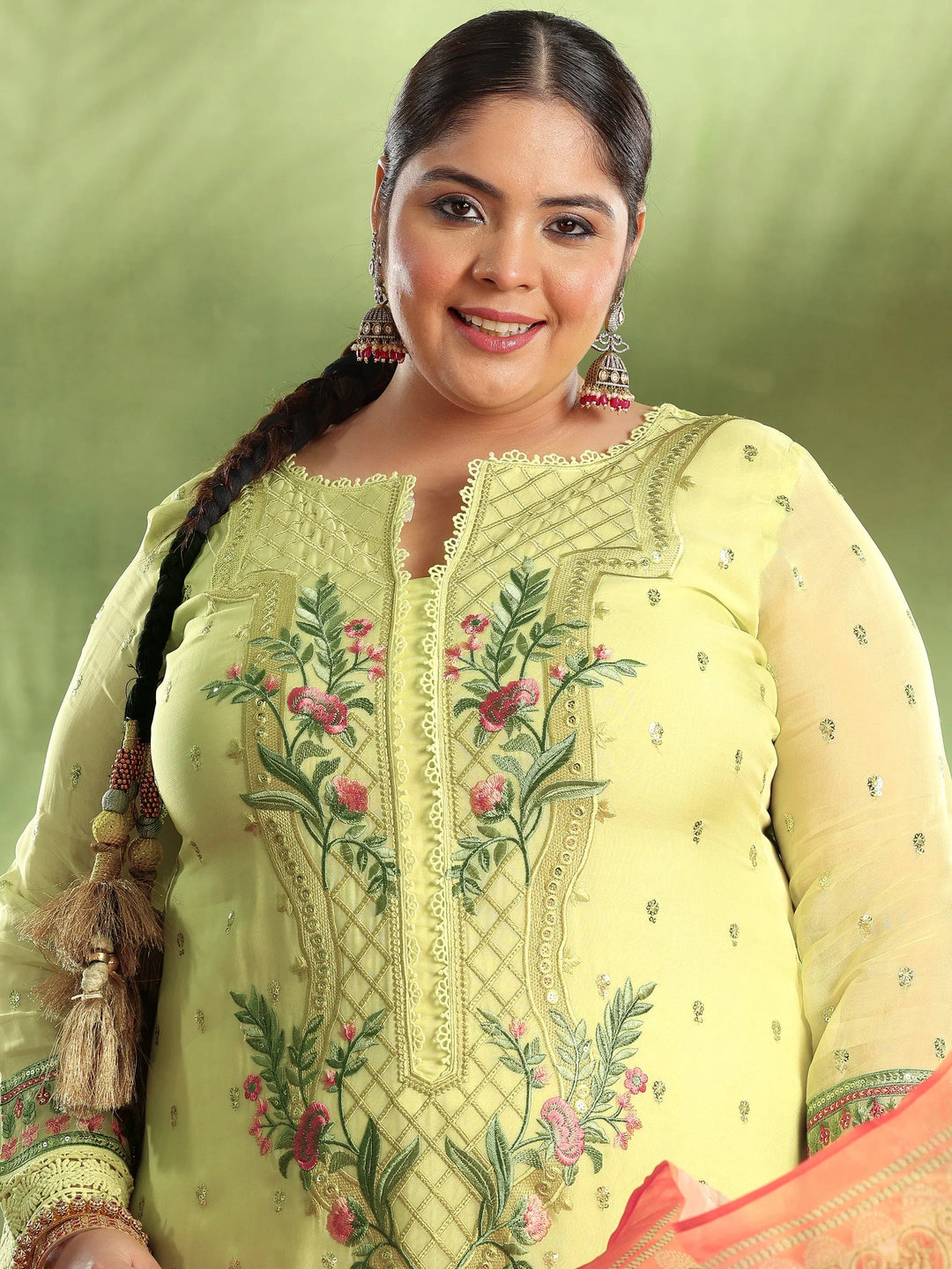  Plus Size Yellow Embroidered Organza Straight Suit With Dupatta 