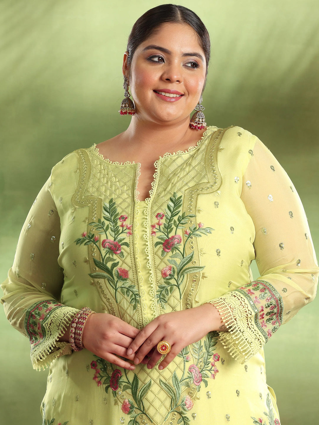  Plus Size Yellow Embroidered Organza Straight Suit With Dupatta 
