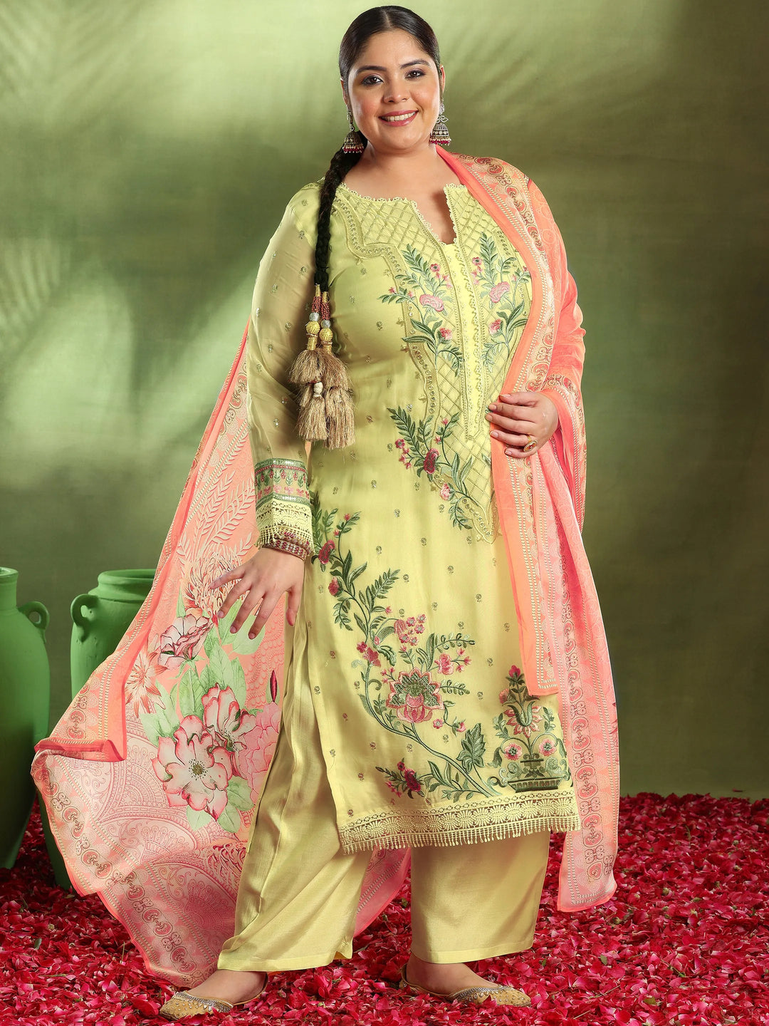  Plus Size Yellow Embroidered Organza Straight Suit With Dupatta 