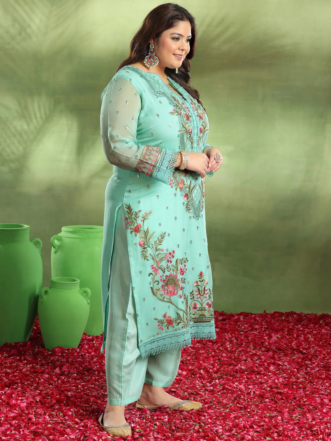  Plus Size Green Embroidered Organza Straight Suit With Dupatta 