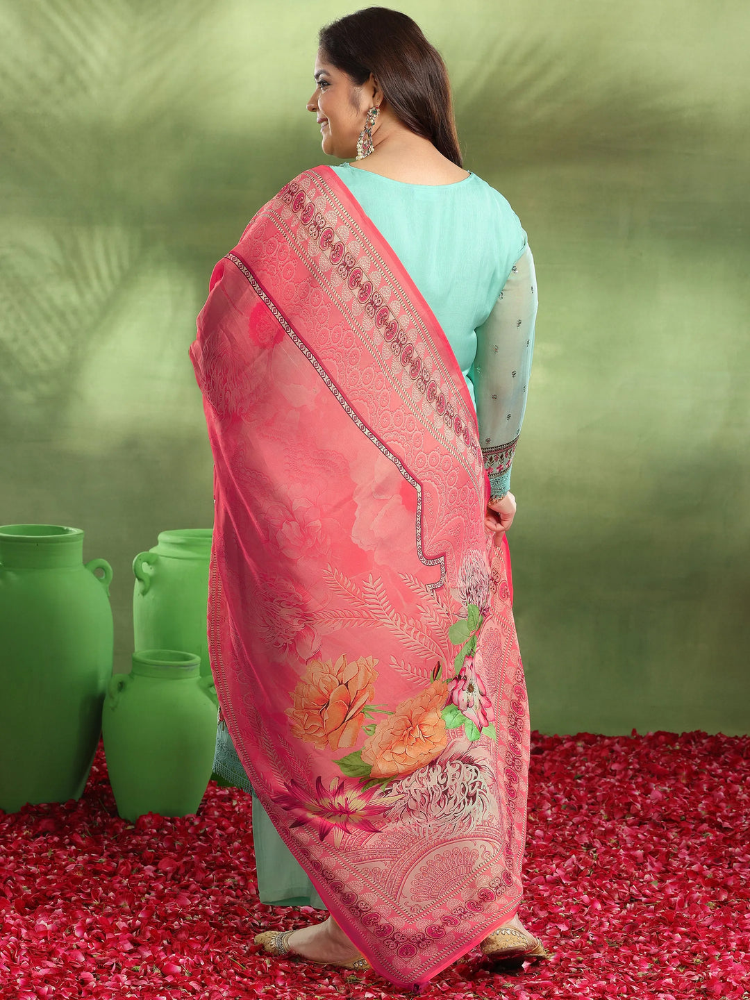  Plus Size Green Embroidered Organza Straight Suit With Dupatta 