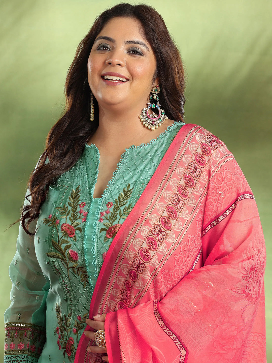  Plus Size Green Embroidered Organza Straight Suit With Dupatta 