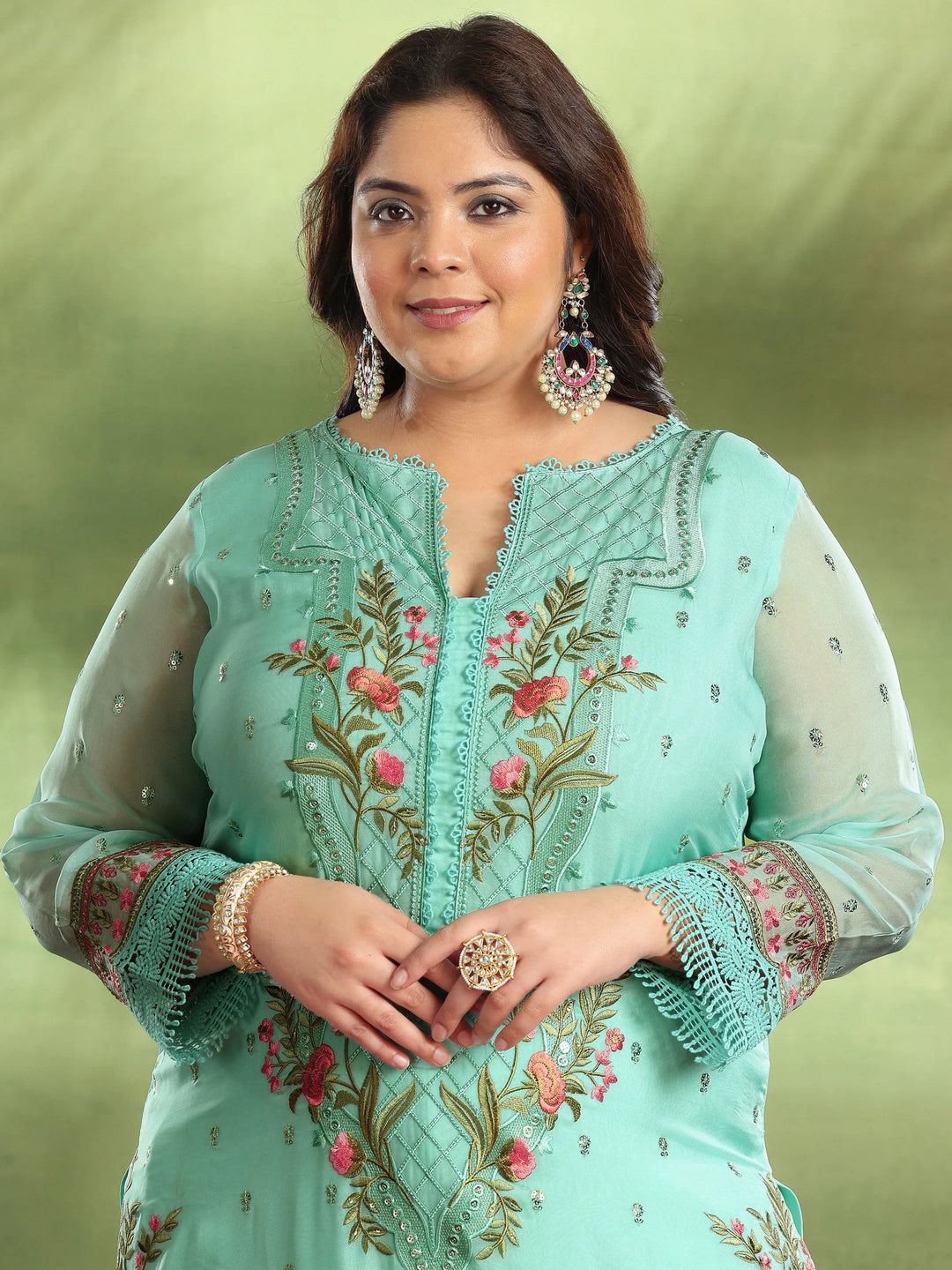  Plus Size Green Embroidered Organza Straight Suit With Dupatta 