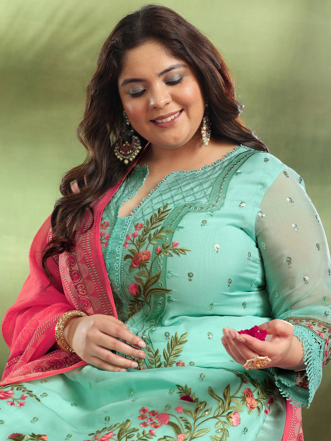  Plus Size Green Embroidered Organza Straight Suit With Dupatta 