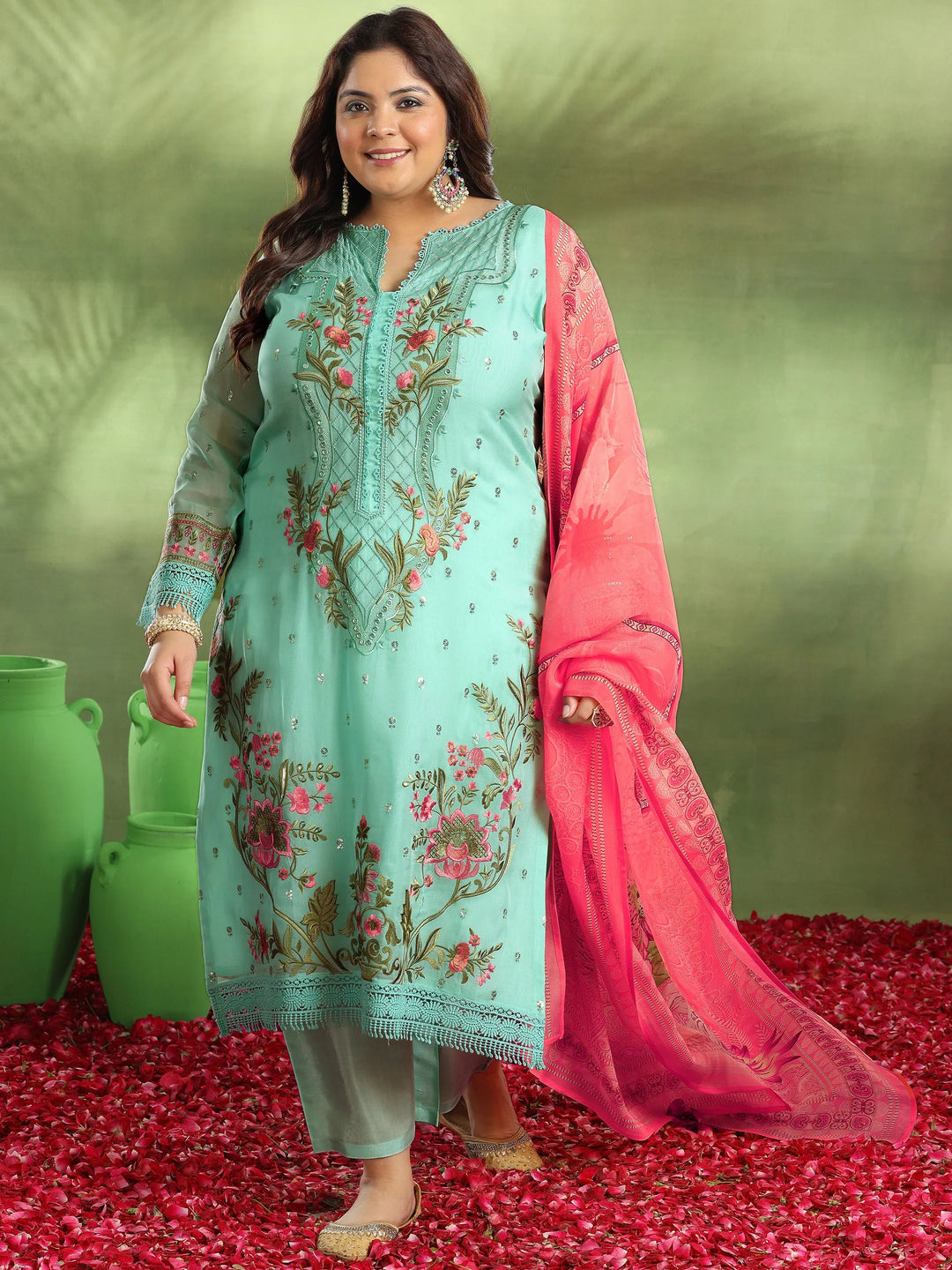 Plus Size Green Embroidered Organza Straight Suit With Dupatta 