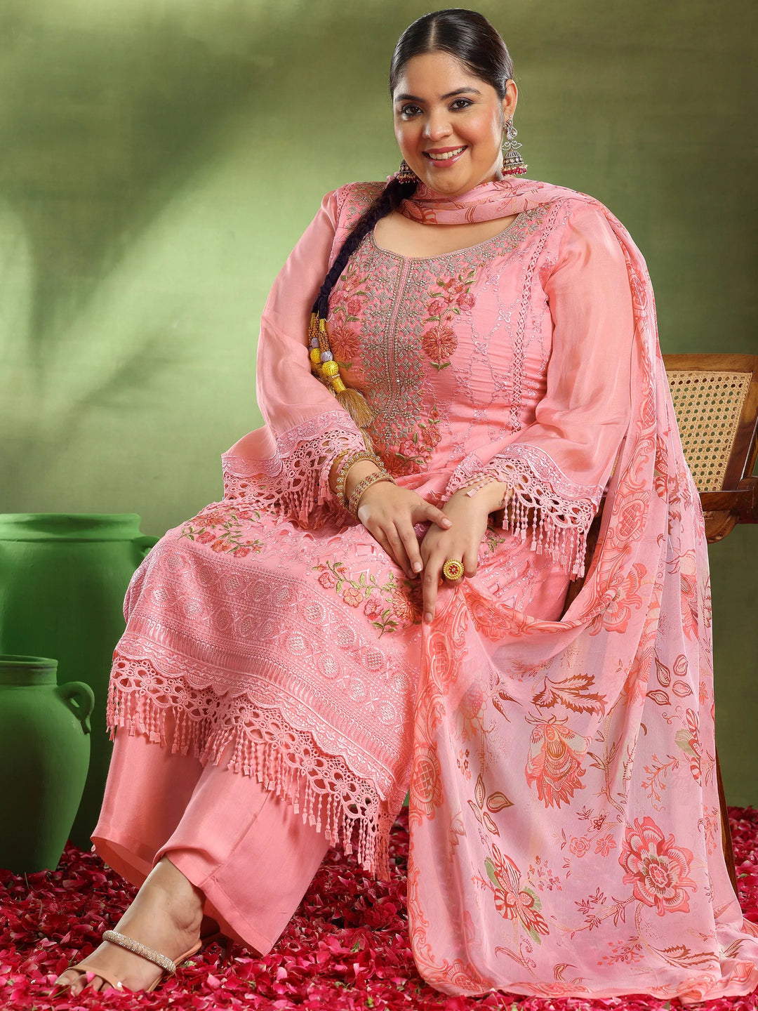  Plus Size Pink Embroidered Organza Straight Suit With Dupatta 