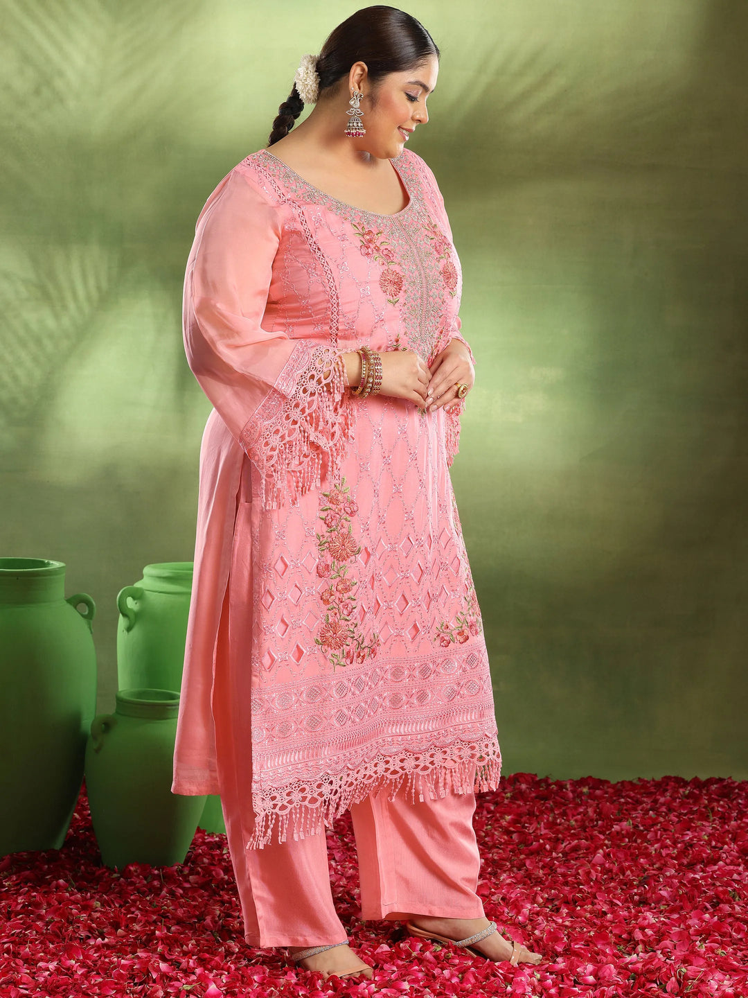  Plus Size Pink Embroidered Organza Straight Suit With Dupatta 
