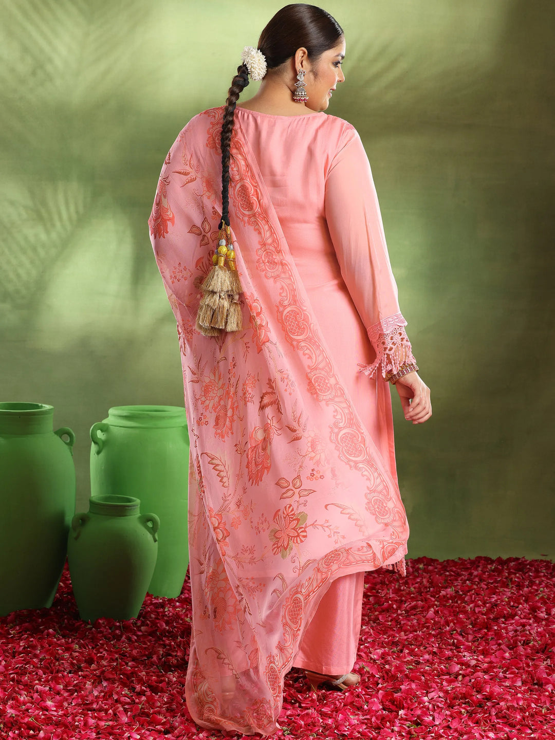  Plus Size Pink Embroidered Organza Straight Suit With Dupatta 