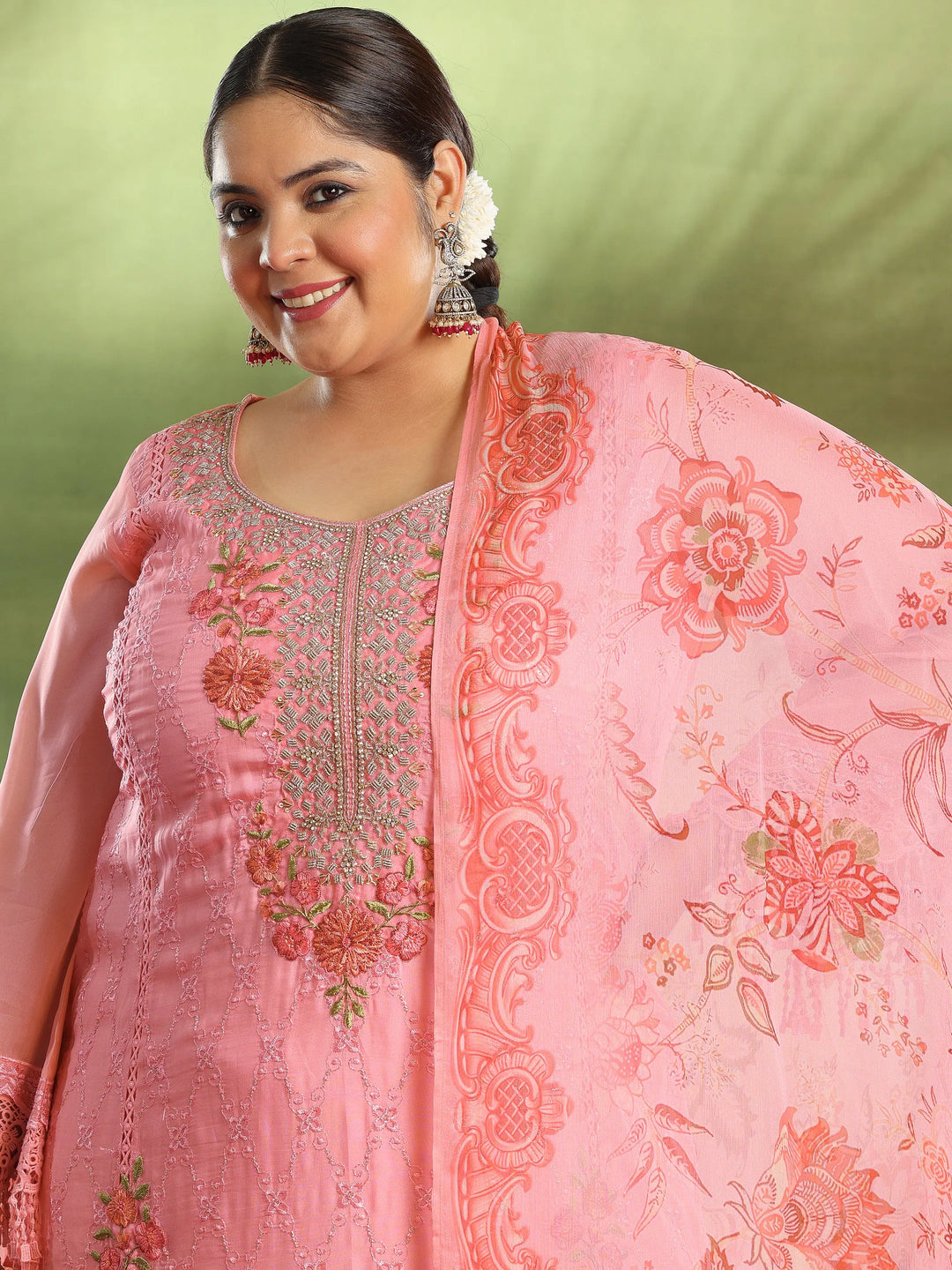  Plus Size Pink Embroidered Organza Straight Suit With Dupatta 