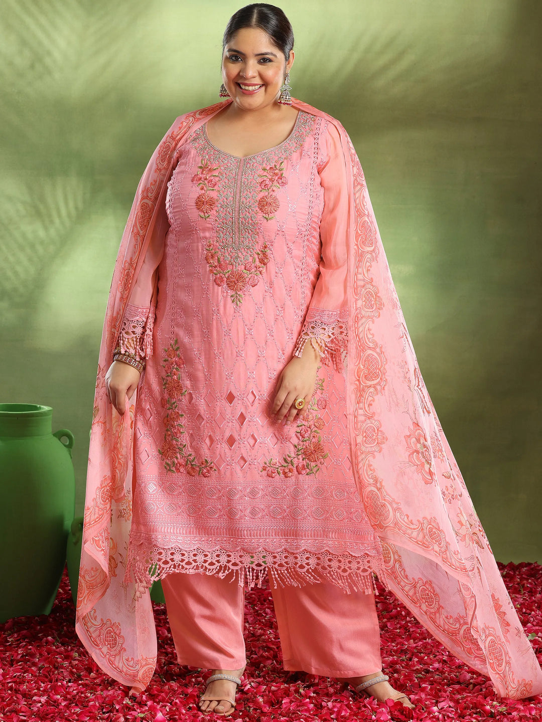  Plus Size Pink Embroidered Organza Straight Suit With Dupatta 