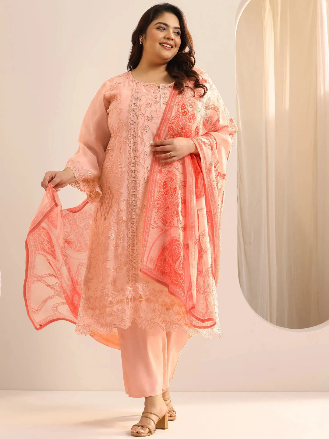  Plus Size Peach Embroidered Organza Straight Suit Set With Dupatta 