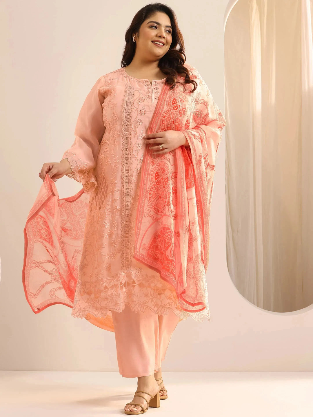  Plus Size Peach Embroidered Organza Straight Suit Set With Dupatta 