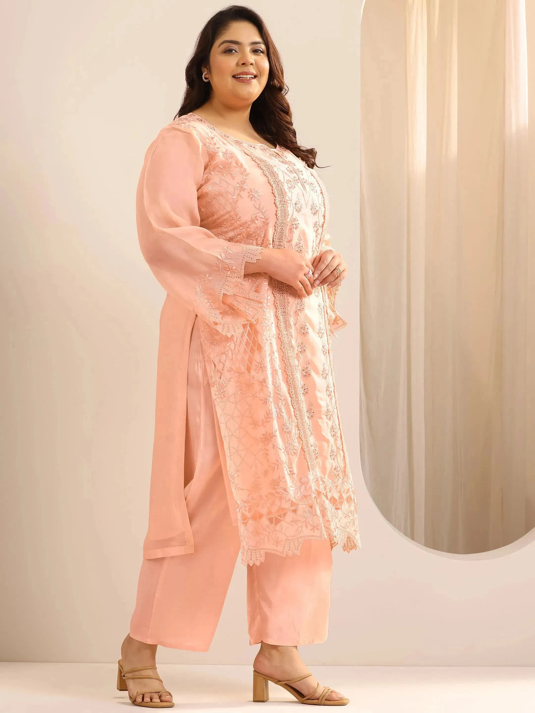  Plus Size Peach Embroidered Organza Straight Suit Set With Dupatta 