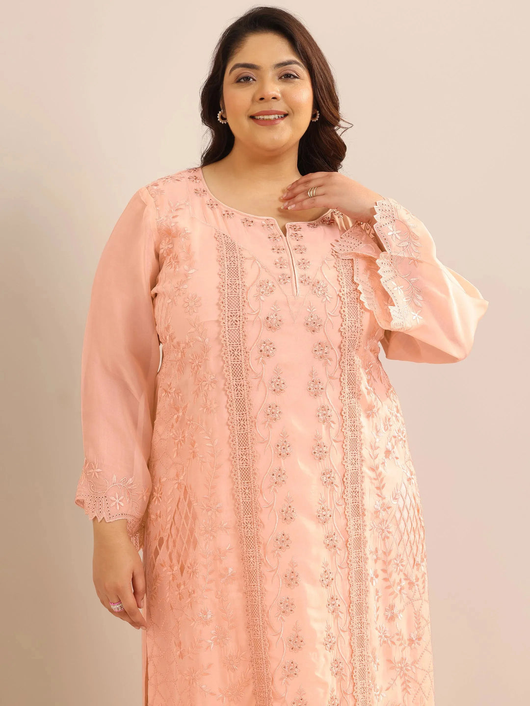  Plus Size Peach Embroidered Organza Straight Suit Set With Dupatta 