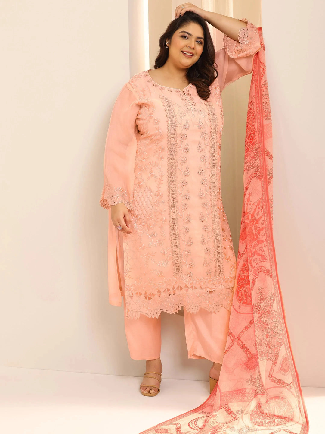 Plus Size Peach Embroidered Organza Straight Suit Set With Dupatta