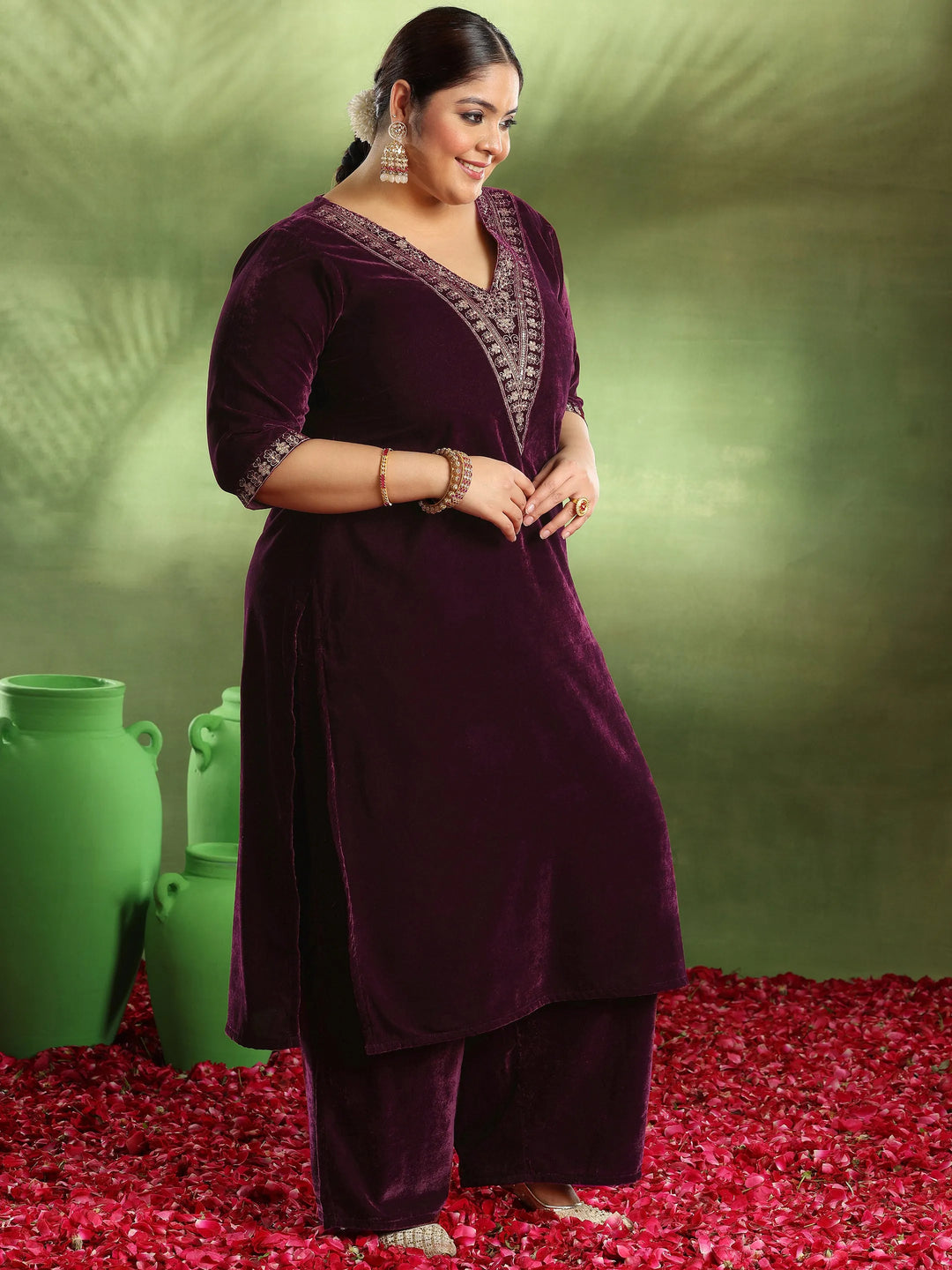  Plus Size Burgundy Yoke Design Velvet Straight Suit With Dupatta 