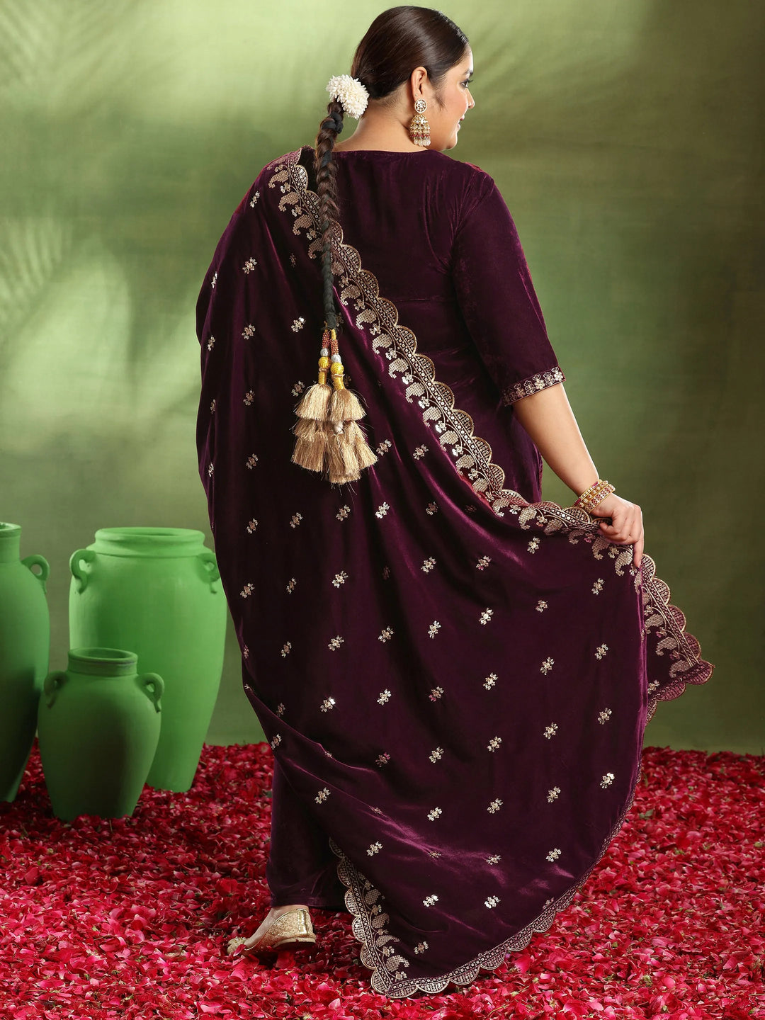  Plus Size Burgundy Yoke Design Velvet Straight Suit With Dupatta 