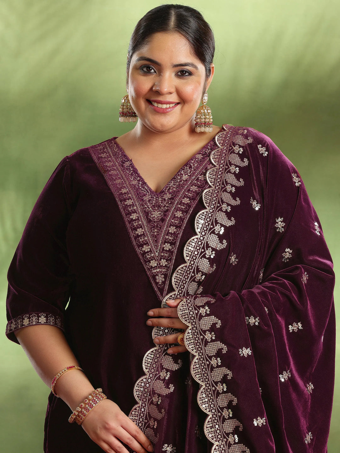  Plus Size Burgundy Yoke Design Velvet Straight Suit With Dupatta 