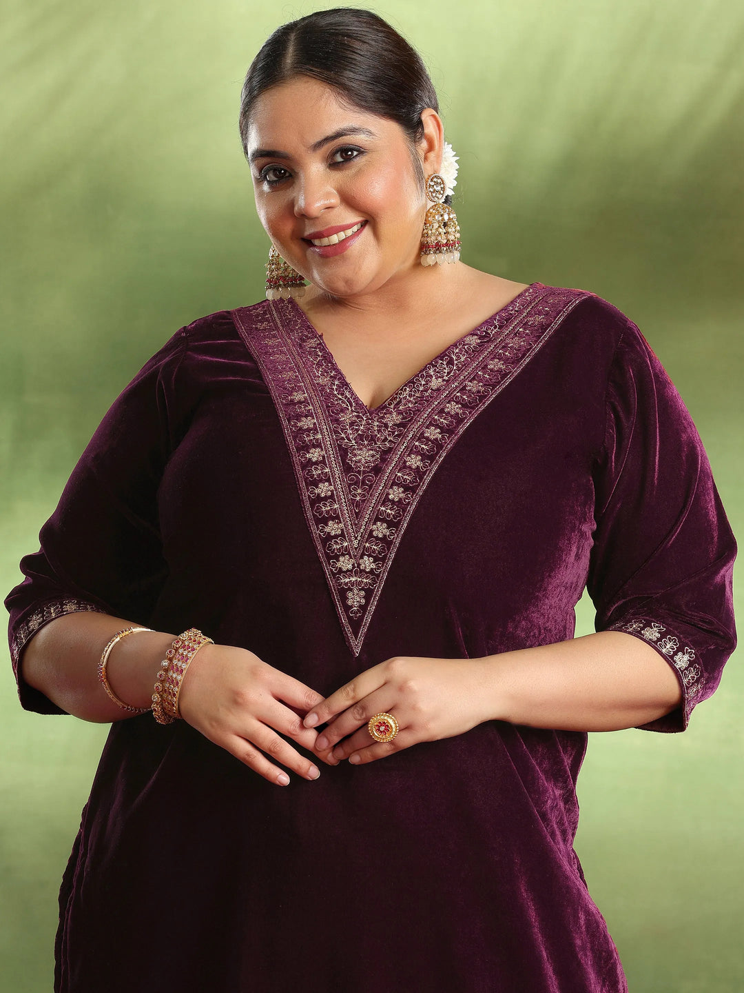  Plus Size Burgundy Yoke Design Velvet Straight Suit With Dupatta 