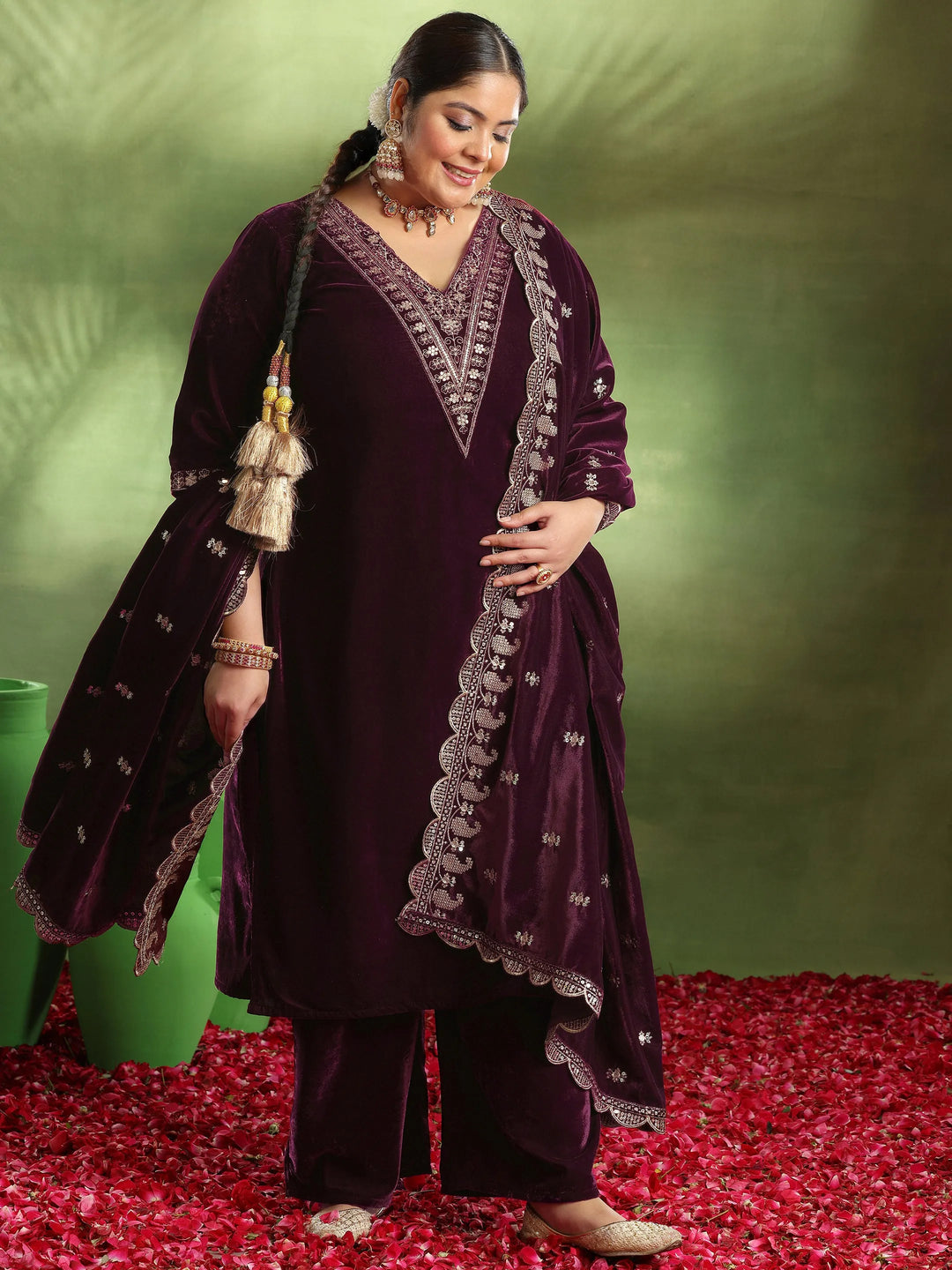  Plus Size Burgundy Yoke Design Velvet Straight Suit With Dupatta 