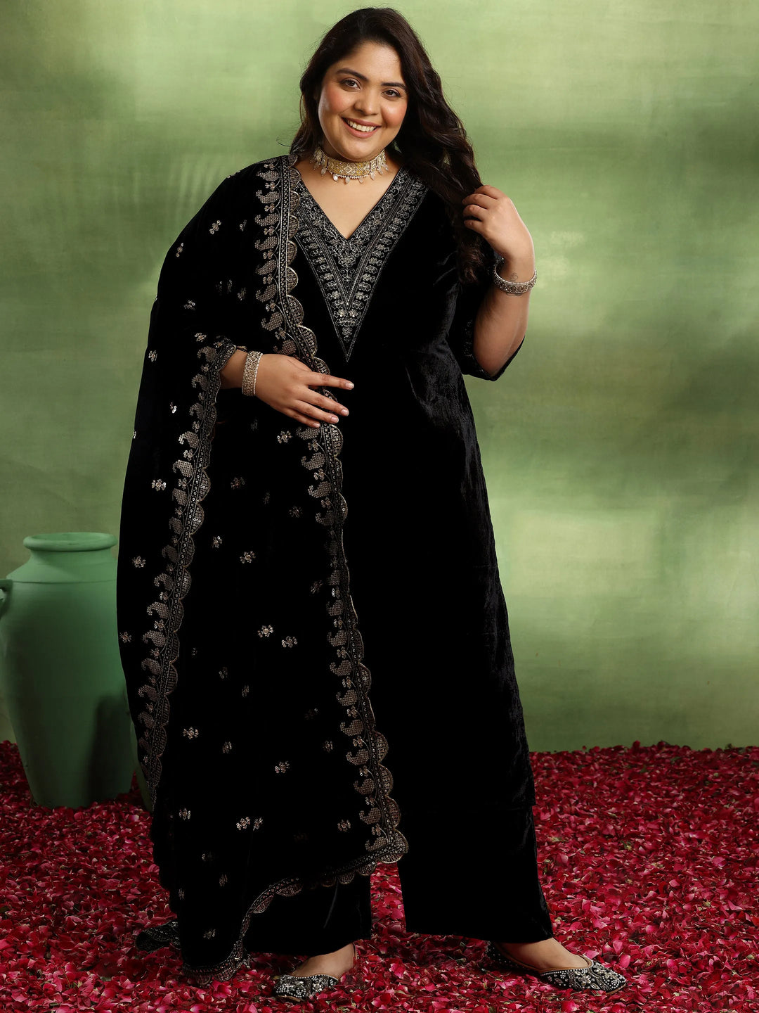  Plus Size Black Yoke Design Velvet Straight Suit With Dupatta 