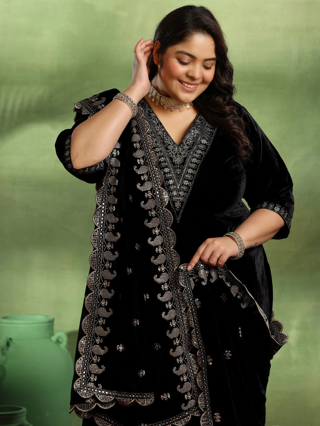  Plus Size Black Yoke Design Velvet Straight Suit With Dupatta 