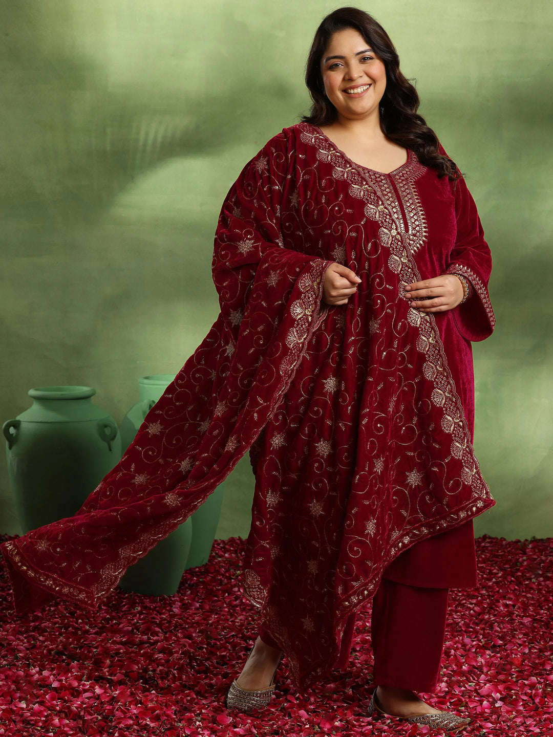  Plus Size Red Yoke Design Velvet Straight Suit With Dupatta 