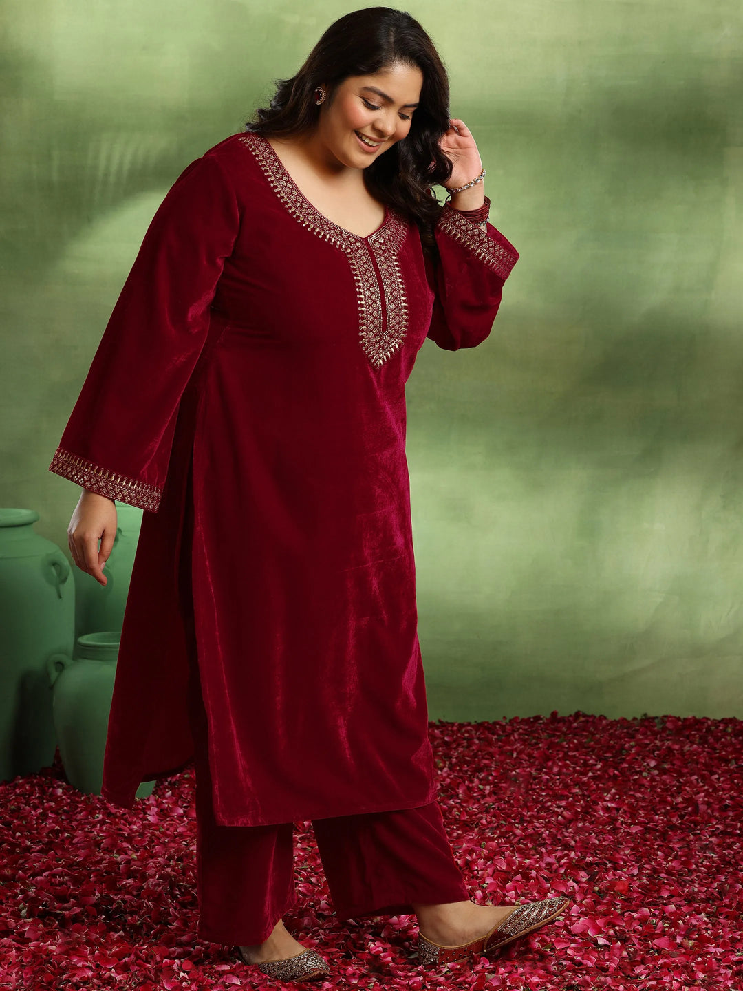  Plus Size Red Yoke Design Velvet Straight Suit With Dupatta 