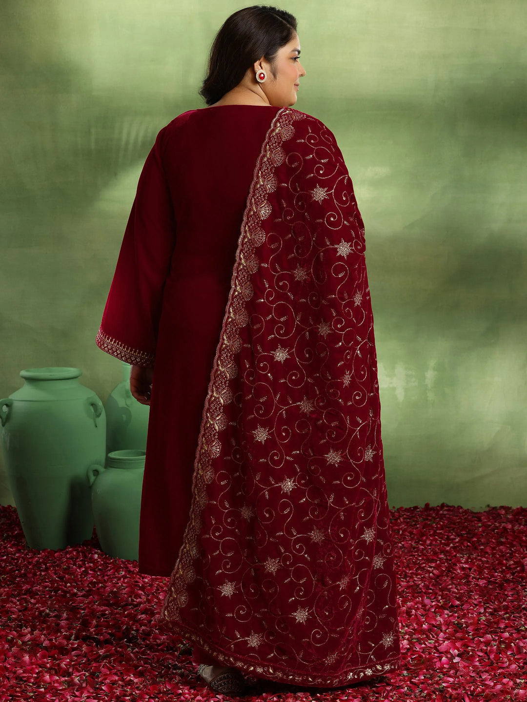  Plus Size Red Yoke Design Velvet Straight Suit With Dupatta 