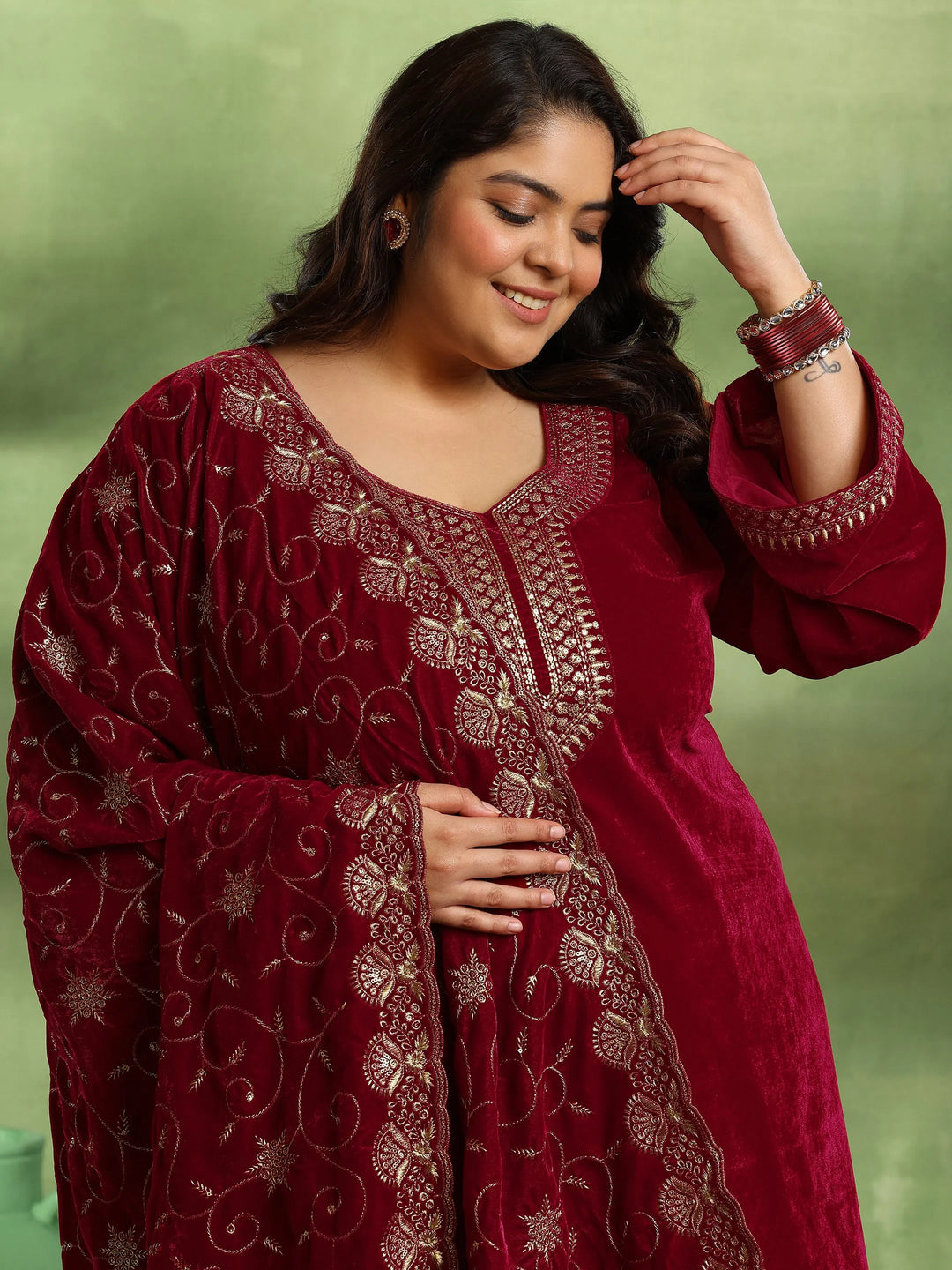  Plus Size Red Yoke Design Velvet Straight Suit With Dupatta 