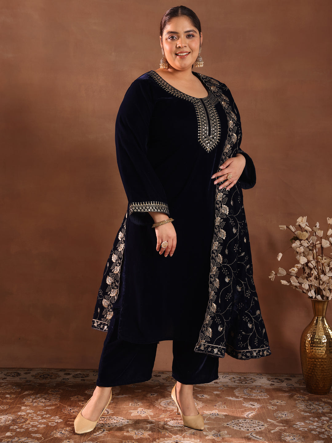  Plus Size Blue Yoke Design Velvet Straight Suit Set With Dupatta 