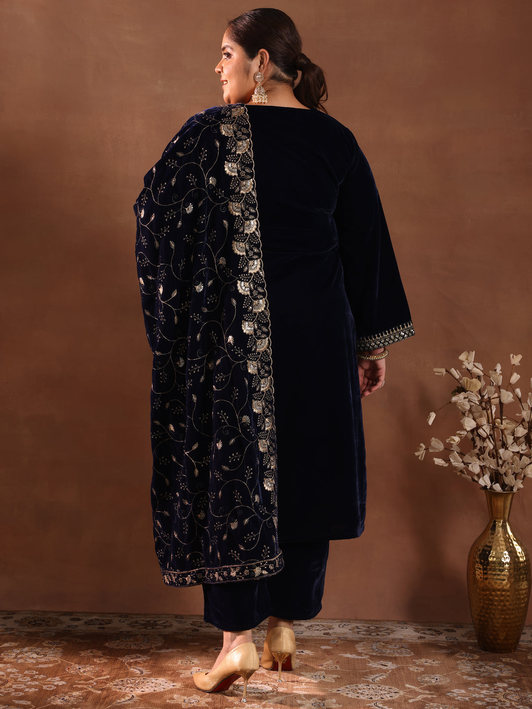  Plus Size Blue Yoke Design Velvet Straight Suit Set With Dupatta 