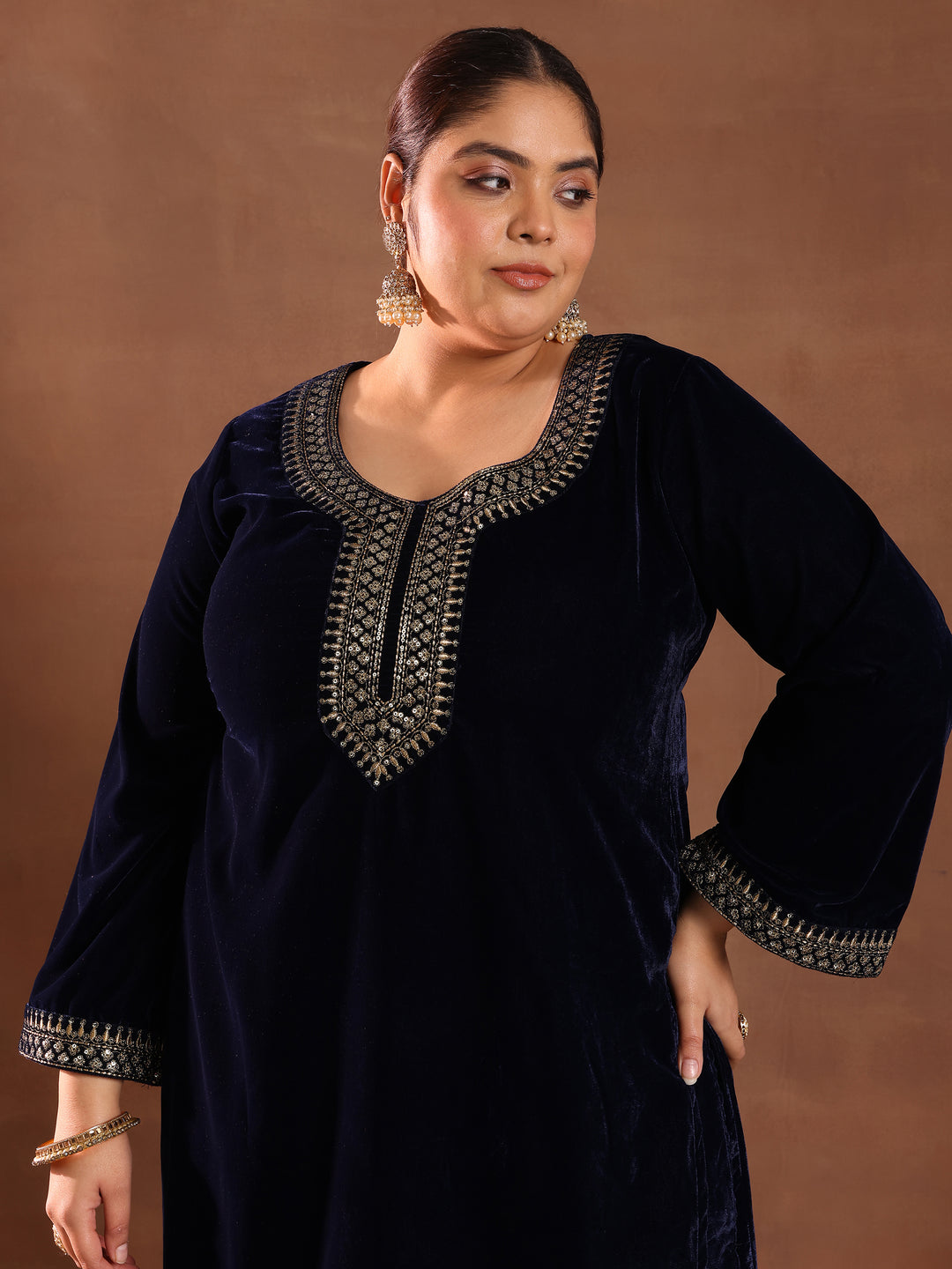  Plus Size Blue Yoke Design Velvet Straight Suit Set With Dupatta 