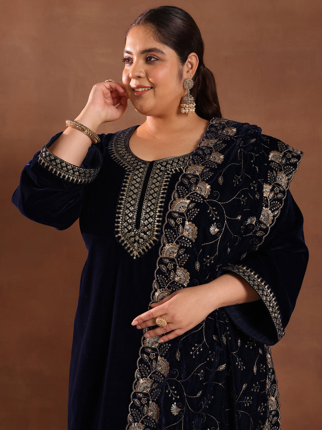  Plus Size Blue Yoke Design Velvet Straight Suit Set With Dupatta 