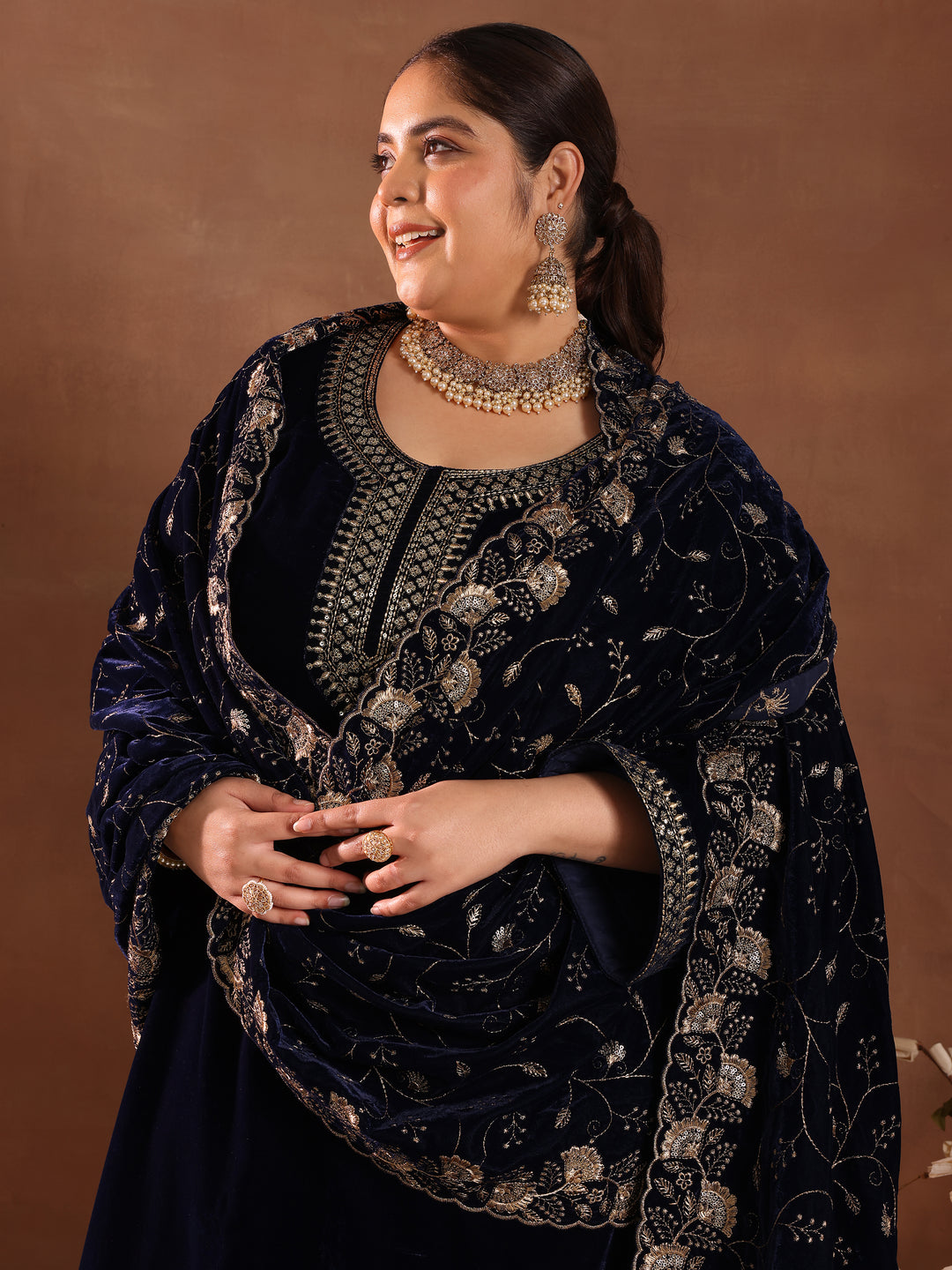  Plus Size Blue Yoke Design Velvet Straight Suit Set With Dupatta 