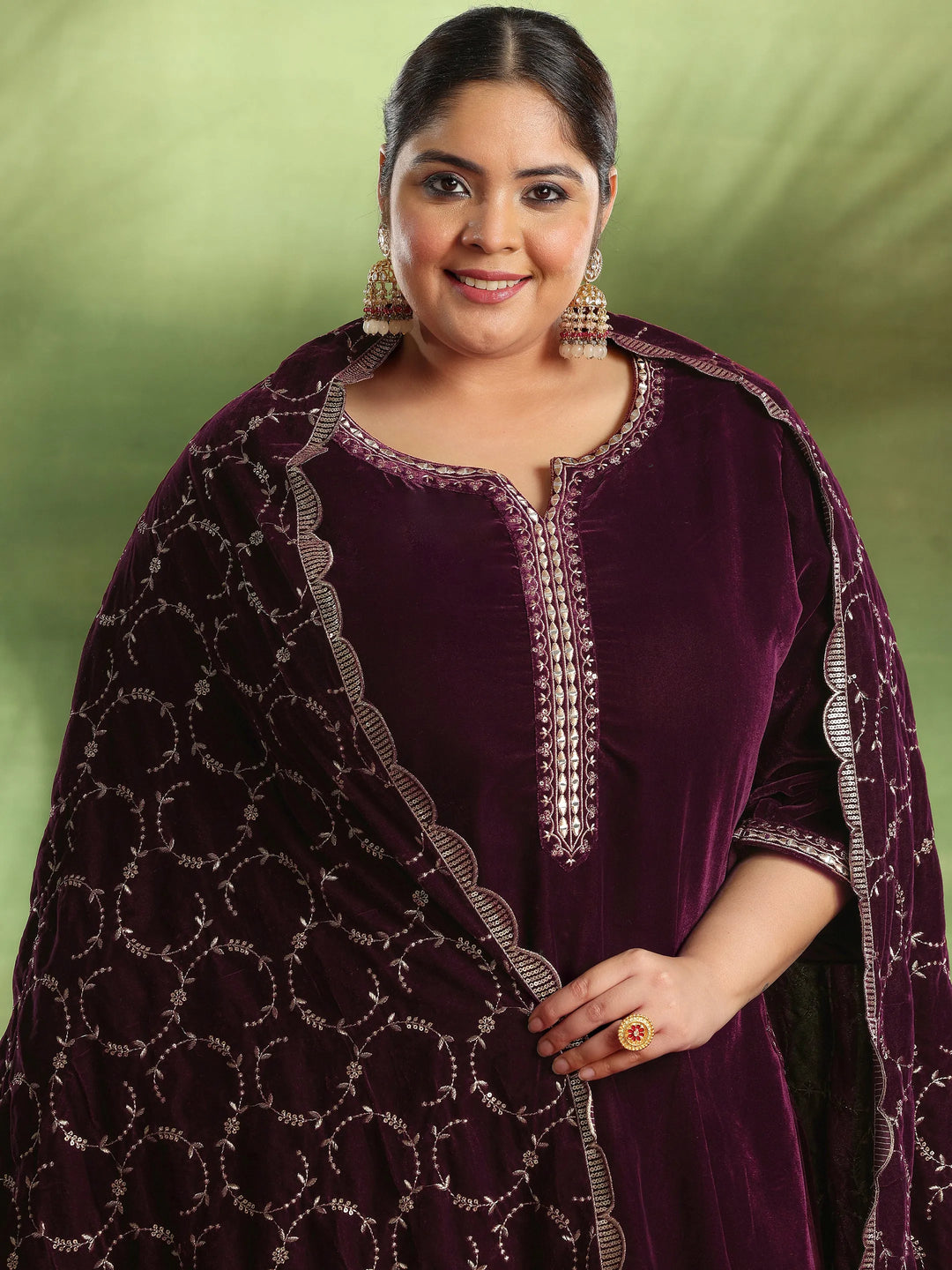  Plus Size Burgundy Yoke Design Velvet Suit With Dupatta 